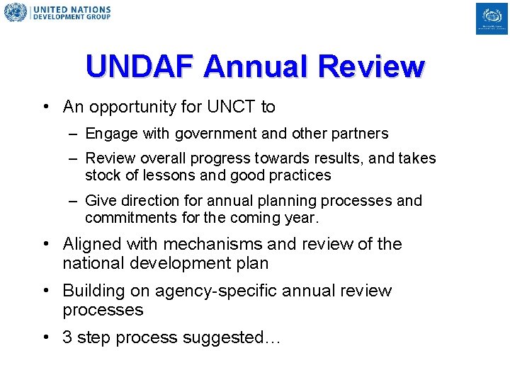 UNDAF Annual Review • An opportunity for UNCT to – Engage with government and