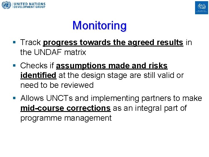 Monitoring § Track progress towards the agreed results in the UNDAF matrix § Checks