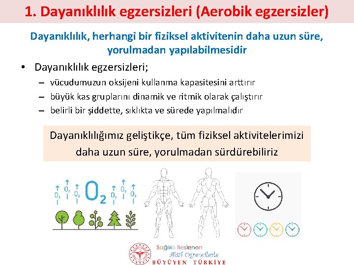 1. Dayanıklılık egzersizleri (Aerobik egzersizler) Dayanıklılık, herhangi bir fiziksel aktivitenin daha uzun süre, yorulmadan