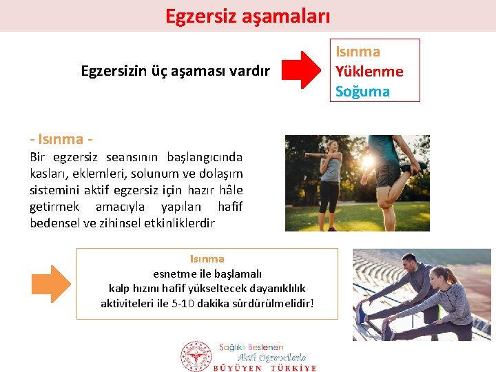 Egzersiz aşamaları Egzersizin üç aşaması vardır - Isınma - Bir egzersiz seansının başlangıcında kasları,