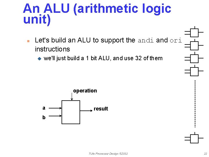 An ALU (arithmetic logic unit) n Let's build an ALU to support the andi