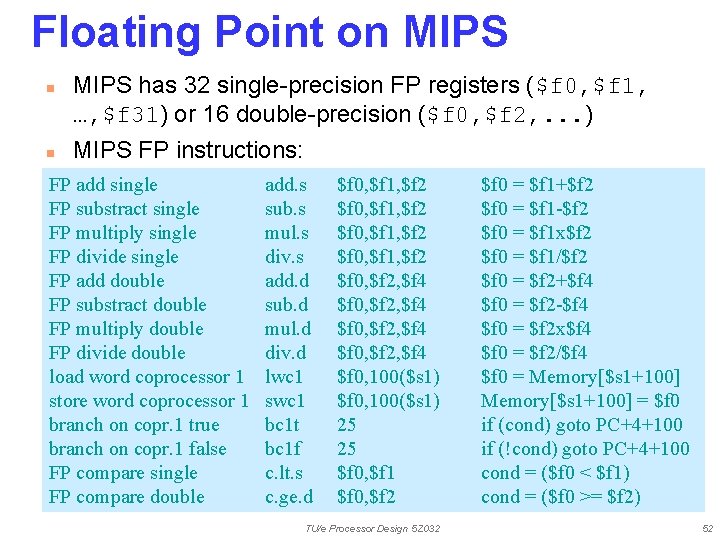 Floating Point on MIPS n n MIPS has 32 single-precision FP registers ($f 0,