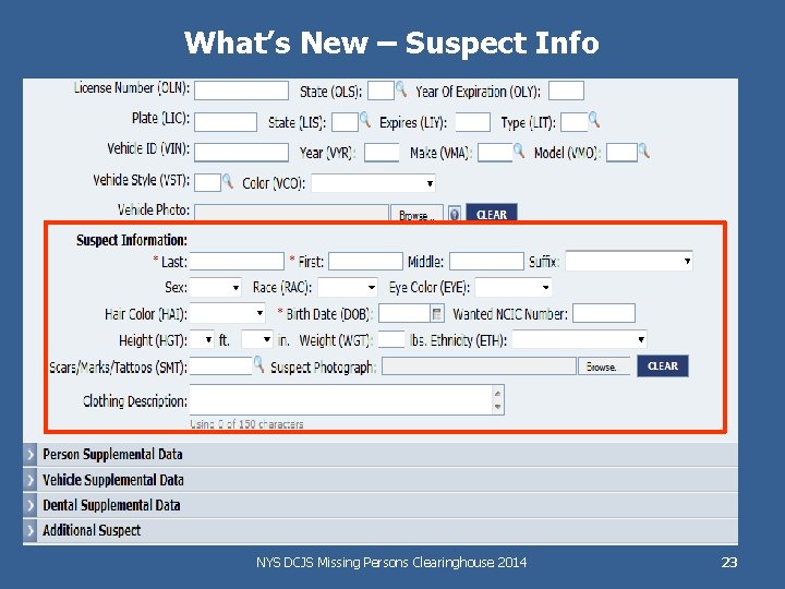 What’s New – Suspect Info NYS DCJS Missing Persons Clearinghouse 2014 23 