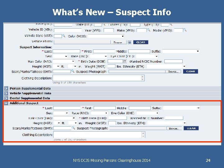 What’s New – Suspect Info NYS DCJS Missing Persons Clearinghouse 2014 24 