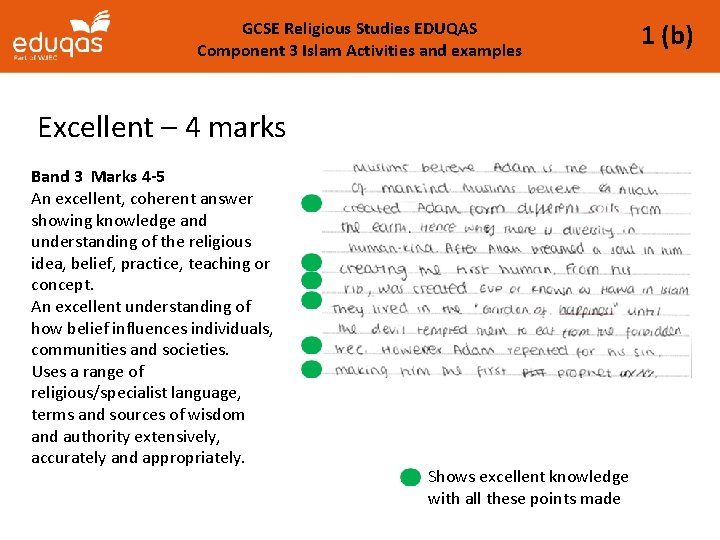 GCSE Religious Studies EDUQAS Component 3 Islam Activities and examples Excellent – 4 marks