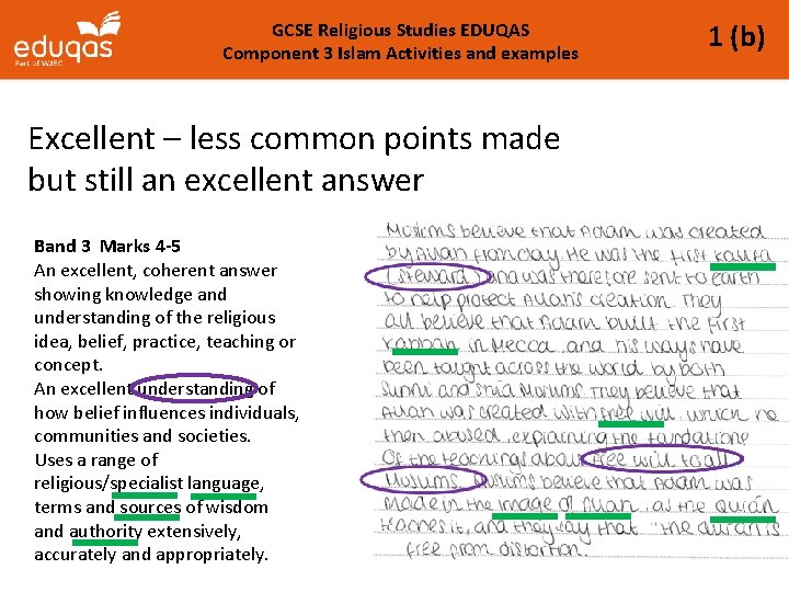 GCSE Religious Studies EDUQAS Component 3 Islam Activities and examples Excellent – less common