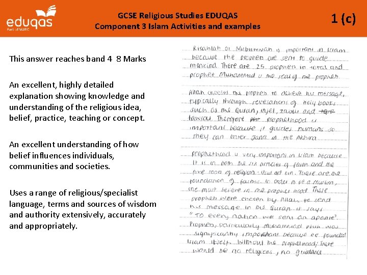 GCSE Religious Studies EDUQAS Component 3 Islam Activities and examples This answer reaches band