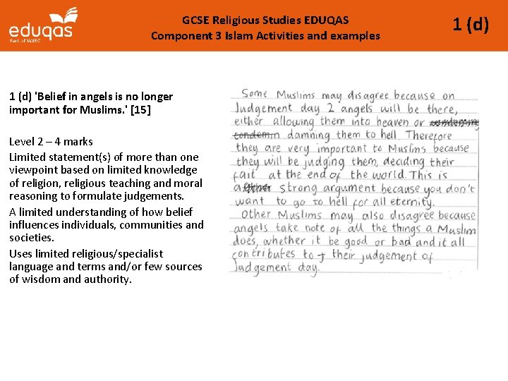 GCSE Religious Studies EDUQAS Component 3 Islam Activities and examples 1 (d) 'Belief in
