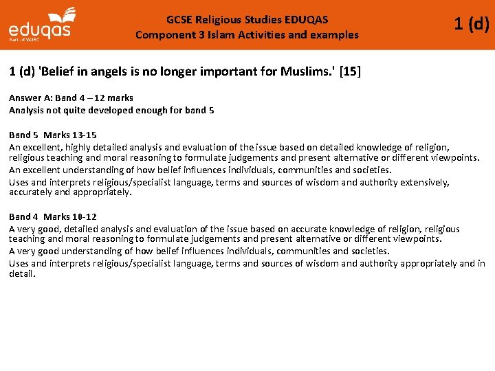 GCSE Religious Studies EDUQAS Component 3 Islam Activities and examples 1 (d) 'Belief in