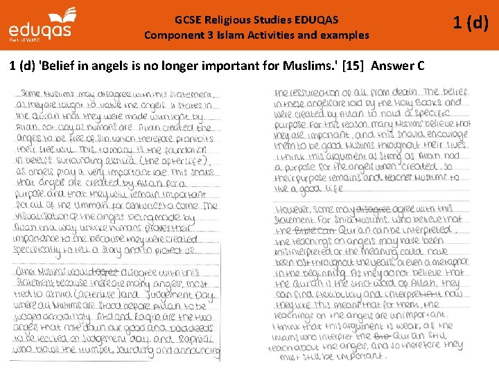 GCSE Religious Studies EDUQAS Component 3 Islam Activities and examples 1 (d) 'Belief in