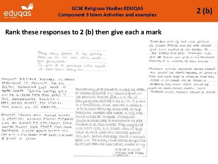 GCSE Religious Studies EDUQAS Component 3 Islam Activities and examples Rank these responses to