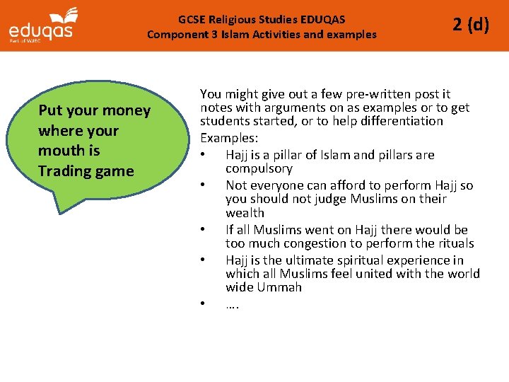 GCSE Religious Studies EDUQAS Component 3 Islam Activities and examples Put your money where