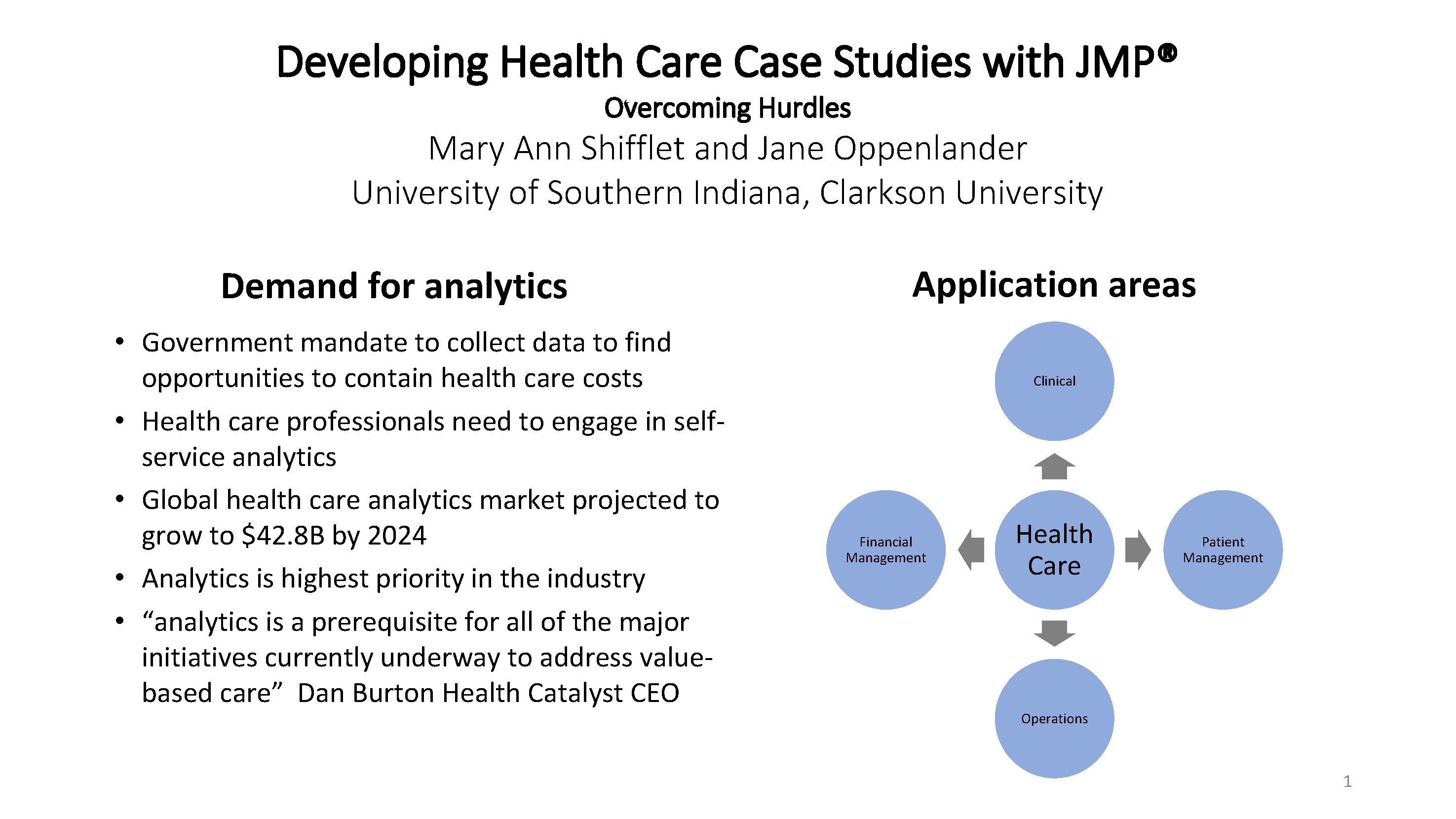 Developing Health Care Case Studies with JMP® Overcoming Hurdles Mary Ann Shifflet and Jane