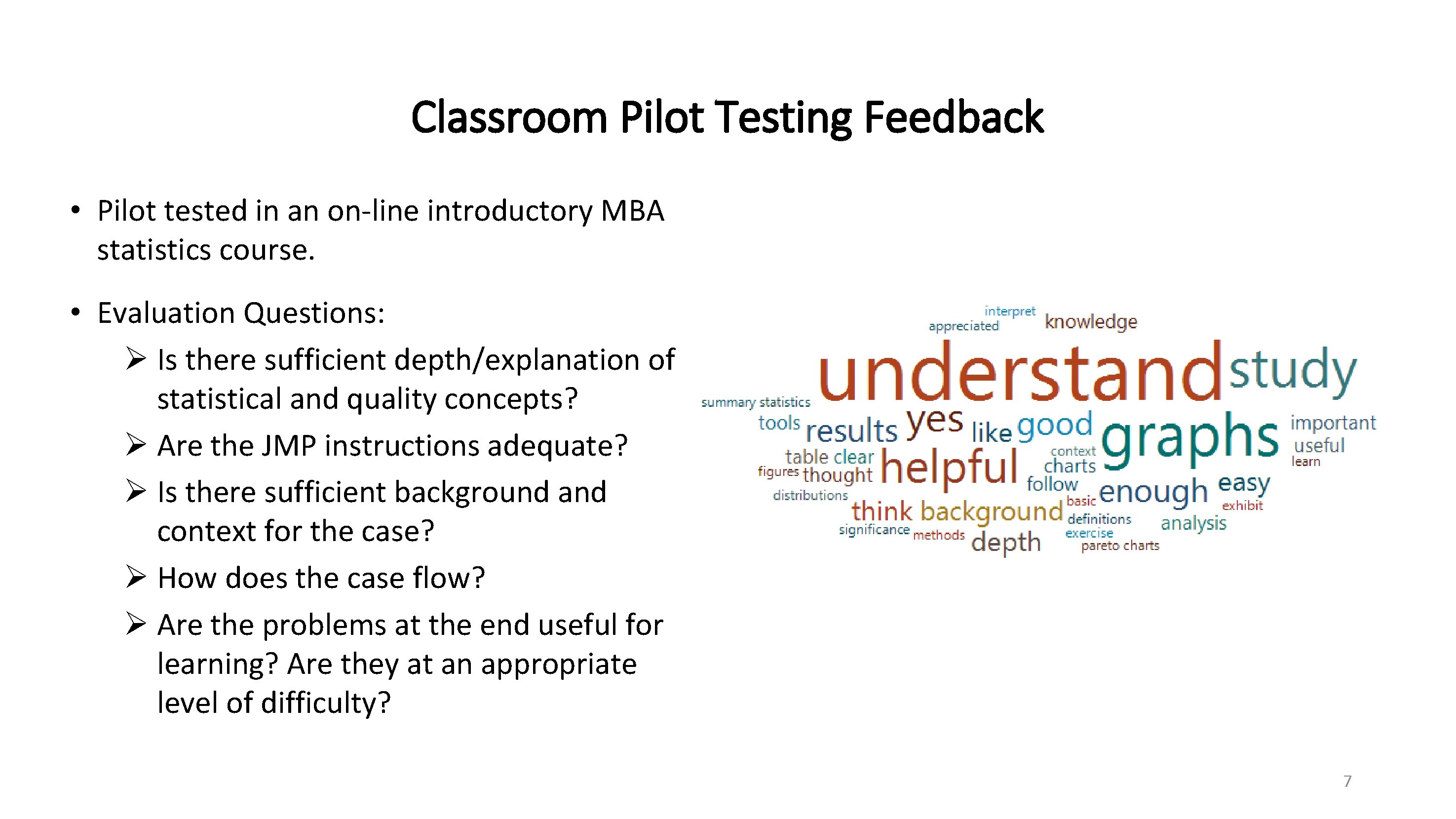 Classroom Pilot Testing Feedback • Pilot tested in an on-line introductory MBA statistics course.