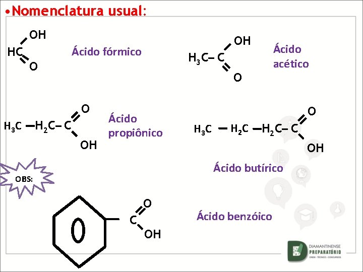  • Nomenclatura usual: OH OH Ácido fórmico HC H 3 C– C O