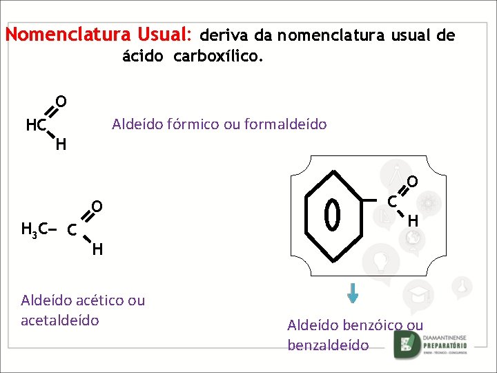 Nomenclatura Usual: deriva da nomenclatura usual de ácido carboxílico. O Aldeído fórmico ou formaldeído