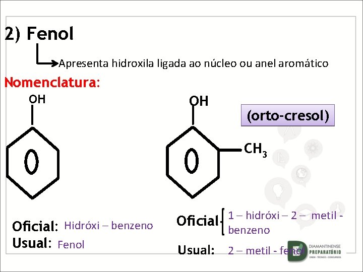 2) Fenol Apresenta hidroxila ligada ao núcleo ou anel aromático Nomenclatura: OH OH (orto-cresol)