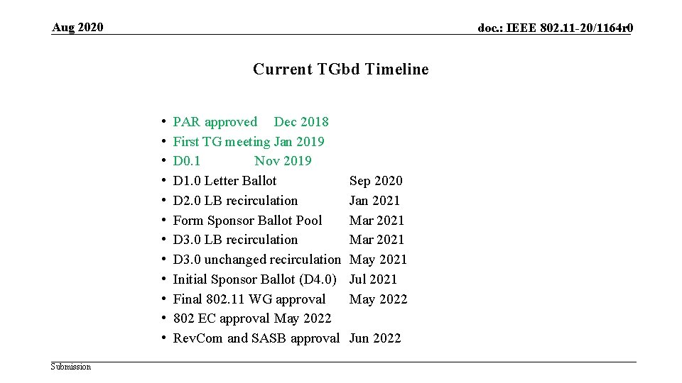 Aug 2020 doc. : IEEE 802. 11 -20/1164 r 0 Current TGbd Timeline •