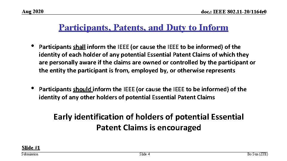 Aug 2020 doc. : IEEE 802. 11 -20/1164 r 0 Participants, Patents, and Duty