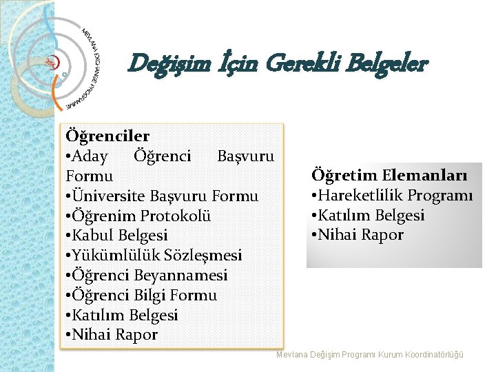 Değişim İçin Gerekli Belgeler Öğrenciler • Aday Öğrenci Başvuru Formu • Üniversite Başvuru Formu