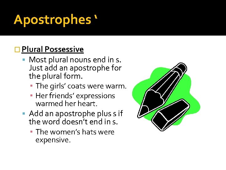 Apostrophes ‘ � Plural Possessive Most plural nouns end in s. Just add an