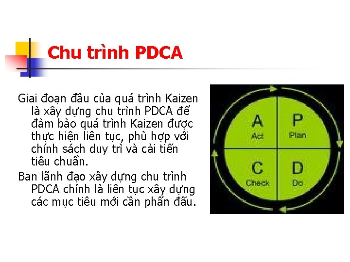 Chu trình PDCA Giai đoạn đầu của quá trình Kaizen là xây dựng chu