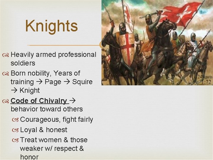 Knights Heavily armed professional soldiers Born nobility, Years of training Page Squire Knight Code
