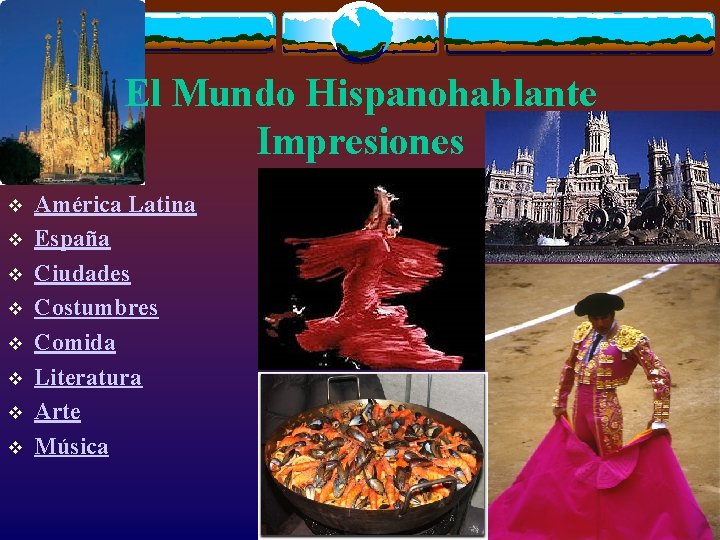 El Mundo Hispanohablante Impresiones v v v v América Latina España Ciudades Costumbres Comida
