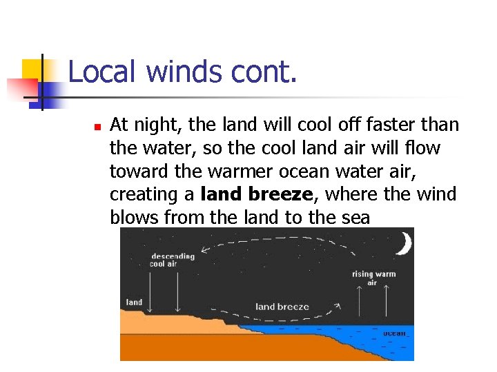Local winds cont. n At night, the land will cool off faster than the