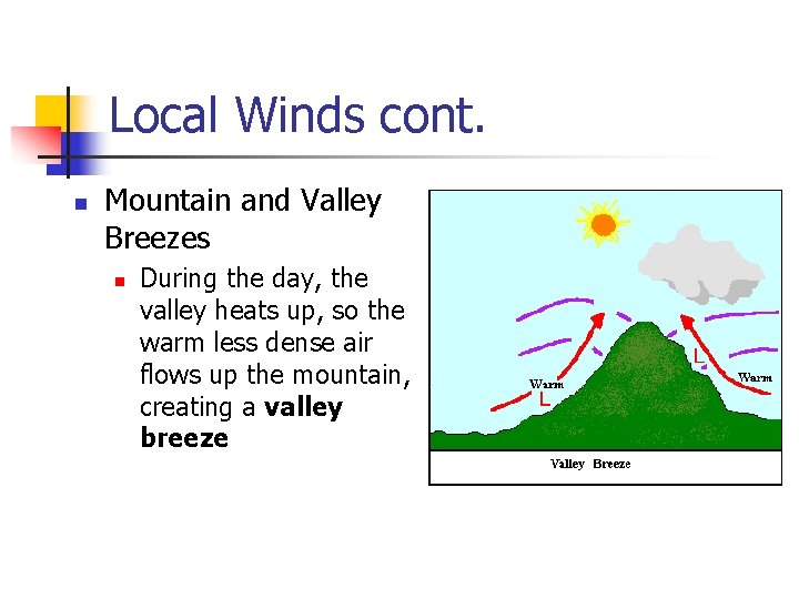 Local Winds cont. n Mountain and Valley Breezes n During the day, the valley