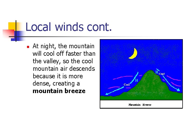 Local winds cont. n At night, the mountain will cool off faster than the