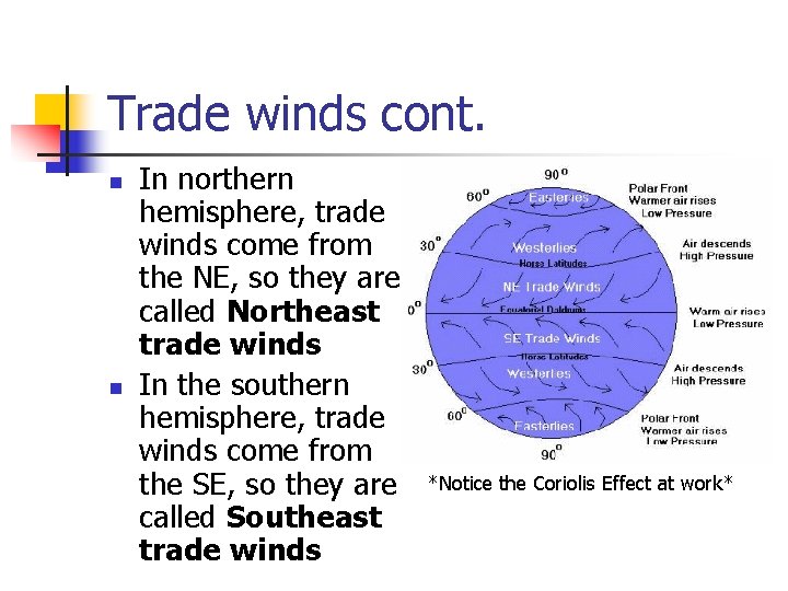 Trade winds cont. n n In northern hemisphere, trade winds come from the NE,