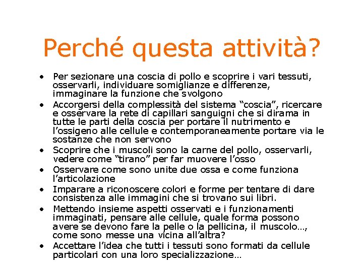 Perché questa attività? • Per sezionare una coscia di pollo e scoprire i vari