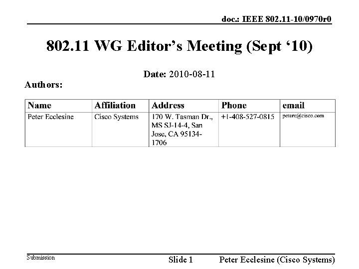 doc. : IEEE 802. 11 -10/0970 r 0 802. 11 WG Editor’s Meeting (Sept