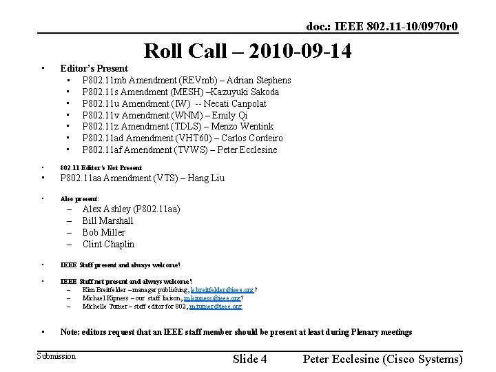 doc. : IEEE 802. 11 -10/0970 r 0 Roll Call – 2010 -09 -14