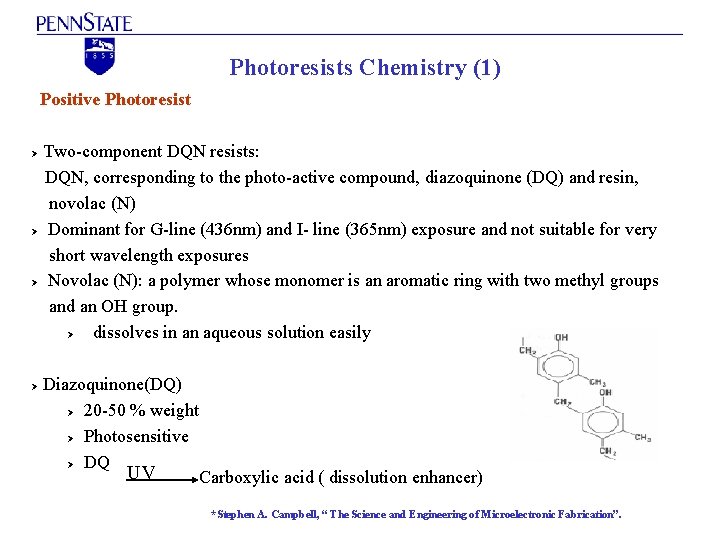 Photoresists Chemistry (1) Positive Photoresist Two-component DQN resists: DQN, corresponding to the photo-active compound,
