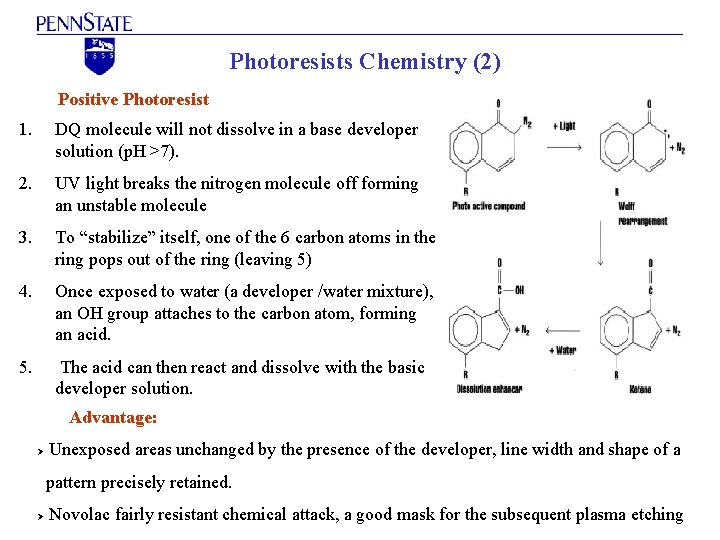 Photoresists Chemistry (2) Positive Photoresist 1. DQ molecule will not dissolve in a base