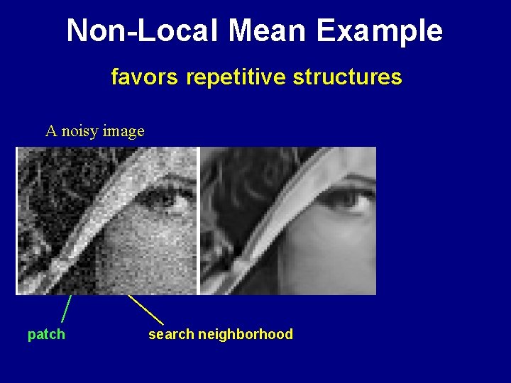 Non-Local Mean Example favors repetitive structures A noisy image patch Endo-filtered by NLM search