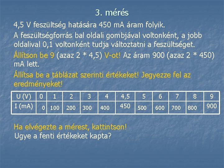 3. mérés 4, 5 V feszültség hatására 450 m. A áram folyik. A feszültségforrás