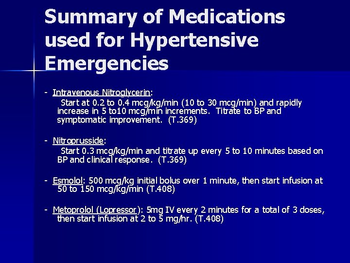 Summary of Medications used for Hypertensive Emergencies - Intravenous Nitroglycerin: Start at 0. 2