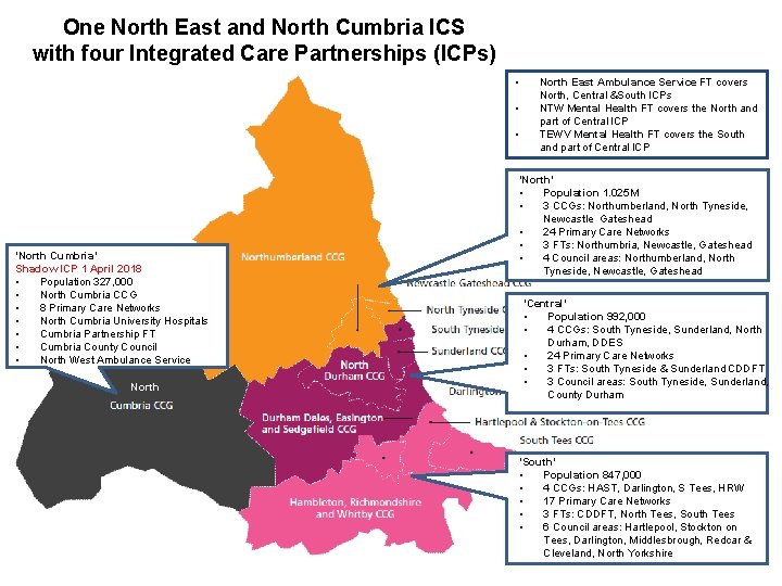 One North East and North Cumbria ICS with four Integrated Care Partnerships (ICPs) •