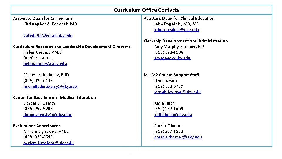 Curriculum Office Contacts Associate Dean for Curriculum Christopher A. Feddock, MD Cafedd 00@email. uky.