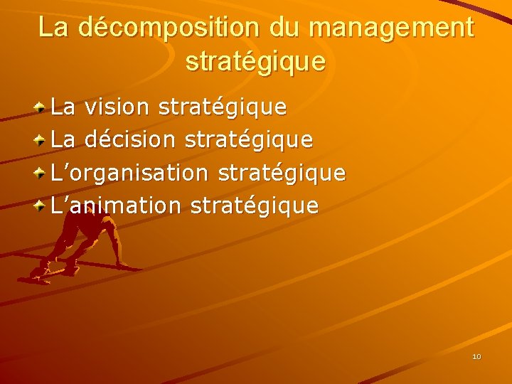 La décomposition du management stratégique La vision stratégique La décision stratégique L’organisation stratégique L’animation