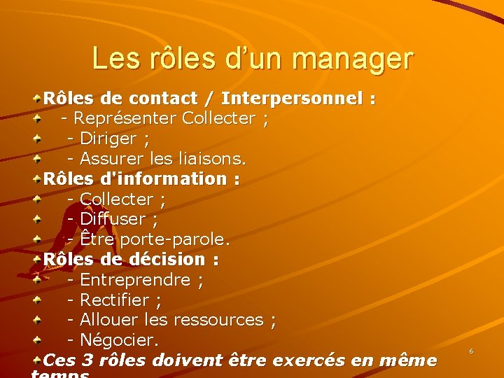 Les rôles d’un manager Rôles de contact / Interpersonnel : - Représenter Collecter ;