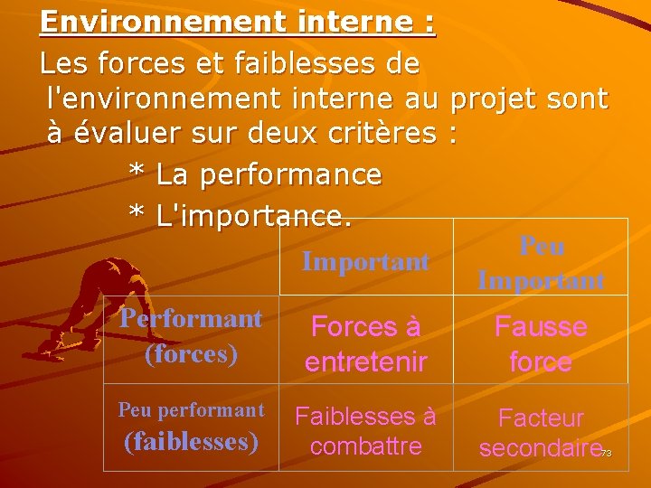 Environnement interne : Les forces et faiblesses de l'environnement interne au projet sont à