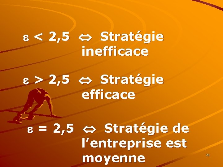  < 2, 5 Stratégie inefficace > 2, 5 Stratégie efficace = 2, 5