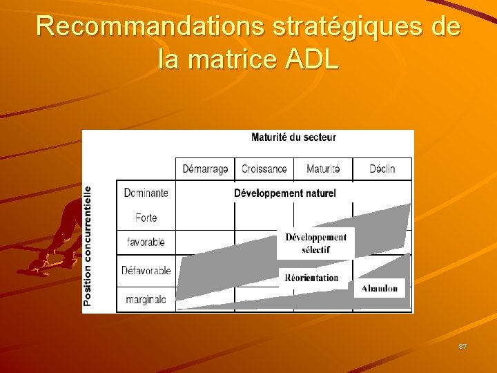 Recommandations stratégiques de la matrice ADL 87 