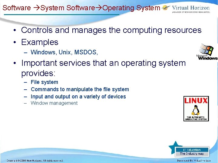Software System Software Operating System • Controls and manages the computing resources • Examples Software System Software Operating System • Controls and manages the computing resources • Examples