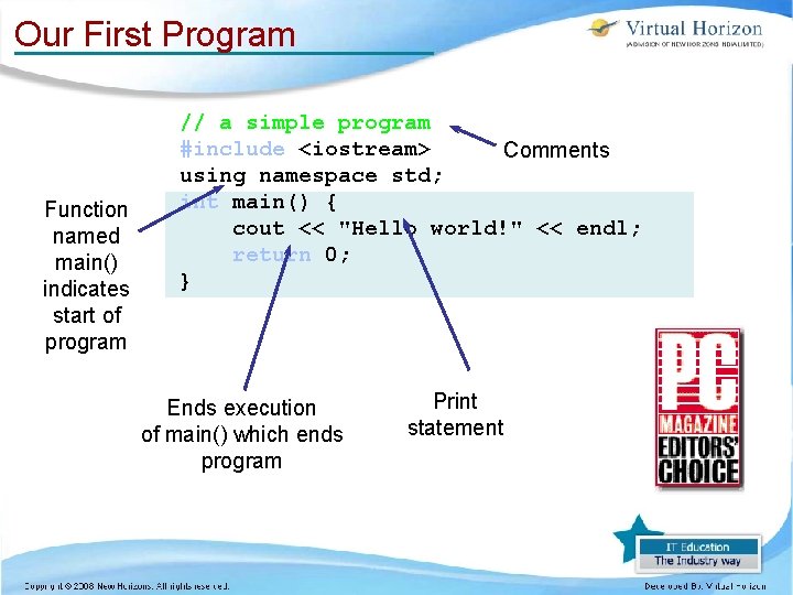 Our First Program Function named main() indicates start of program // a simple program Our First Program Function named main() indicates start of program // a simple program