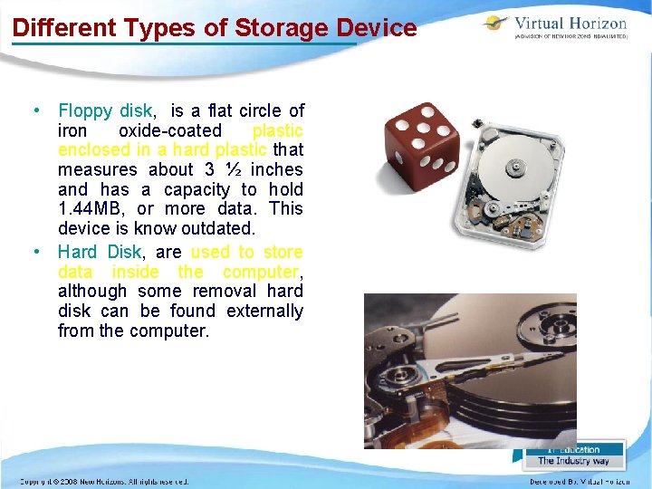 Different Types of Storage Device • Floppy disk, is a flat circle of iron Different Types of Storage Device • Floppy disk, is a flat circle of iron